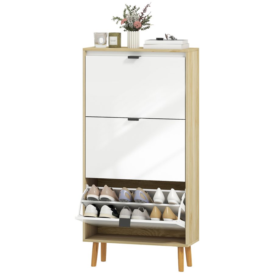 HOMCOM Schuhschrank 18 Paare, Hochglanzfront, schmaler Schuhschrank mit 3 klappbaren Schubladen und verstellbaren Regalen, moderner Stil, für Flur, Eingang, 60x24x127cm, weiß   Aosom von HOMCOM