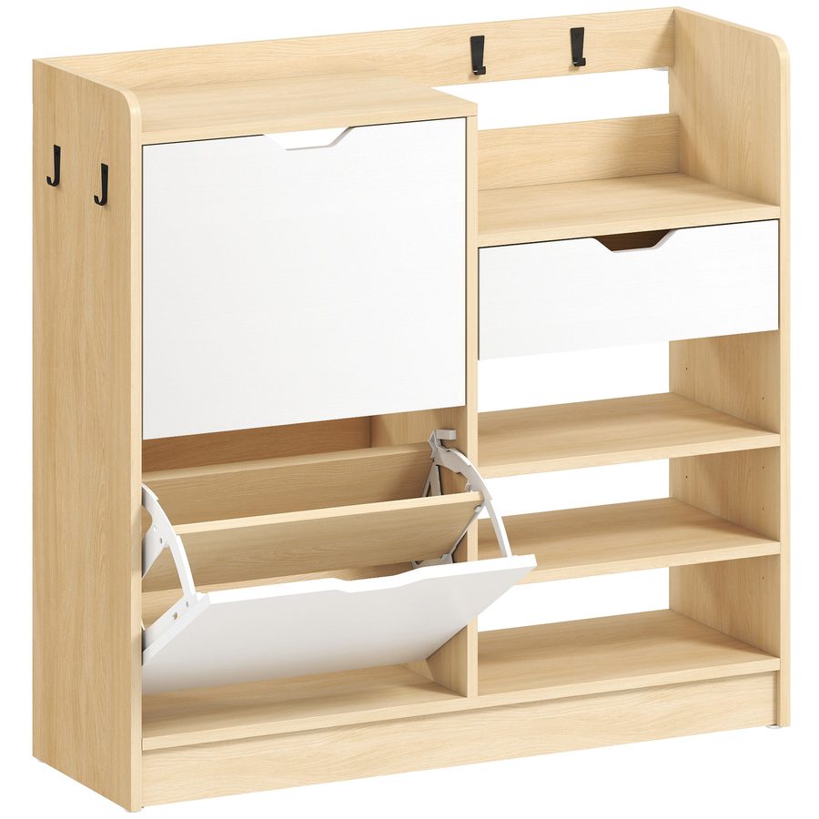 HOMCOM Schmaler Schuhschrank mit 2 Türen, Schuhschrank für Diele/Flur mit verstellbaren Ablagen, Schublade, offene Fächer, 4 Haken, für 14 Paar Schuhe, 93x30x90 cm, Natur und Weiß   Aosom von HOMCOM
