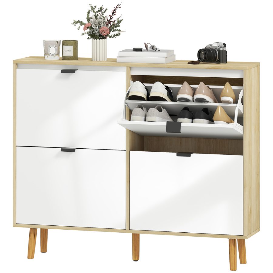 HOMCOM Schuhschrank Schmal mit 4 Türen in Glänzendem Weiß, Schuhschrank Eingangsbereich mit Verstellbaren Regalen Holzbeine, für 20 Paare Schuhe, 105x24x92,5 cm Weiß   Aosom von HOMCOM