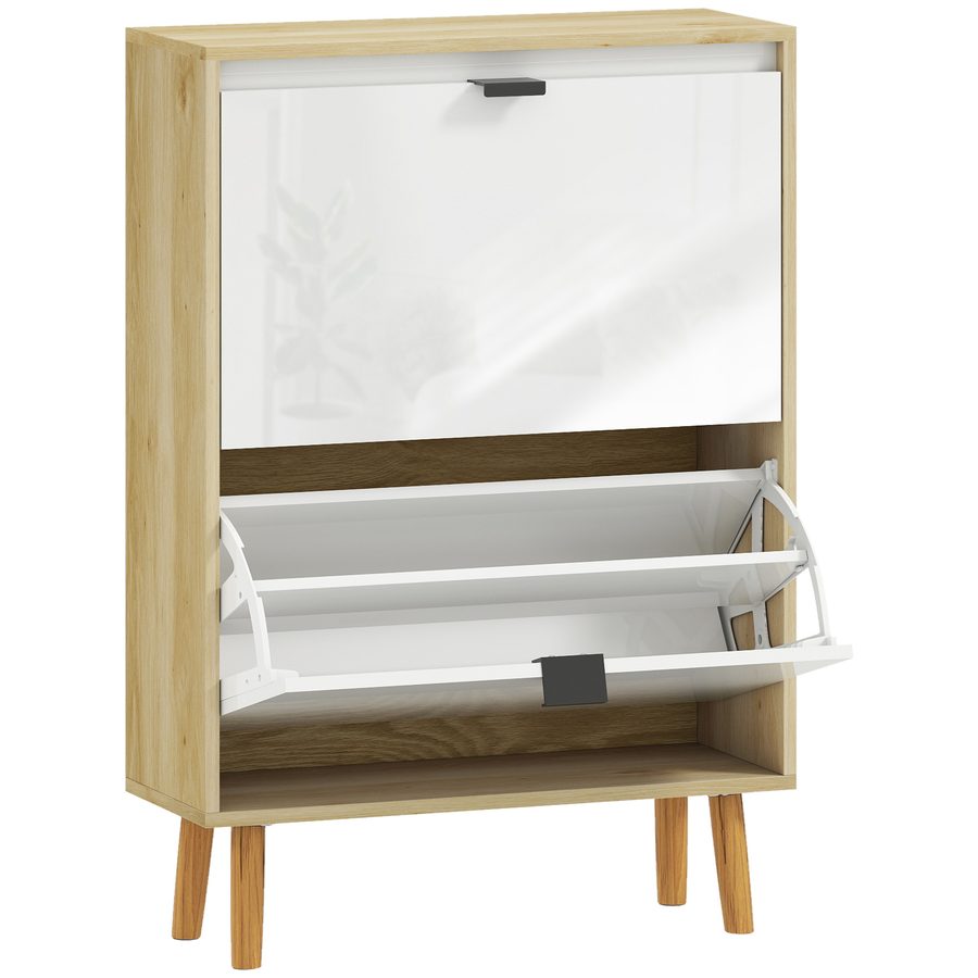 HOMCOM Schuhschrank schmal mit 2 Türen Hochglanz-Weiß, Schuhschrank für Flur mit verstellbaren Einlegeböden, Holzbeine, für 12 Paar Schuhe, 60x24x91 cm Weiß   Aosom von HOMCOM