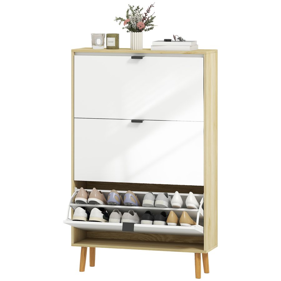HOMCOM Schuhschrank platzsparend Slim mit 3 Klappentüren, Schuhschrank Eingang mit Verstellbaren Regalen auf 2 Ebenen und Erhöhter Basis, Schuhaufbewahrung für 24 Paar mit Griff, 80x24x127 cm, Glänzendes Weiß   Aosom von HOMCOM