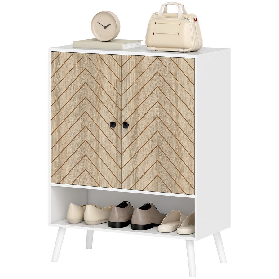 HOMCOM Schuhschrank mit Fischgrätenmuster Design, Schuhschrank Eingangsbereich mit Verstellbaren Regalen, Offenem Fach, für 15 Paare Schuhe, 75x35x97 cm, Weiß und Natur   Aosom von HOMCOM