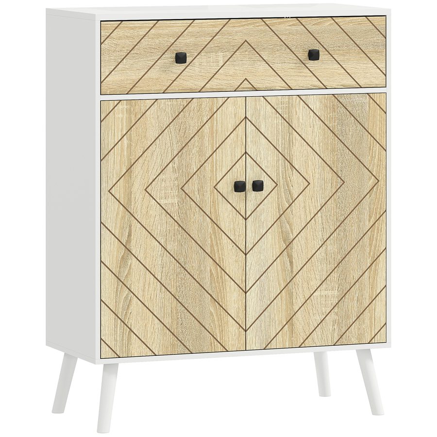 HOMCOM Schuhschrank mit 2 Türen in Fischgrätenmuster, Eingangsschrank mit verstellbaren Regalen, Schublade, für 12 Paare Schuhe, 75x35x97 cm, Weiß und Natur   Aosom von HOMCOM