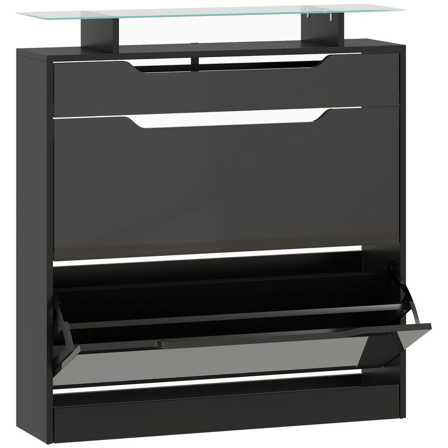 HOMCOM Schuhschrank mit 2 Klapptüren + 1 Ausziehschublade + 1 Ablage und 1 Glasplatte, Regal verstellbar in 2 Stufen, 89 x 23 x 96 cm, Schwarz   Aosom von HOMCOM
