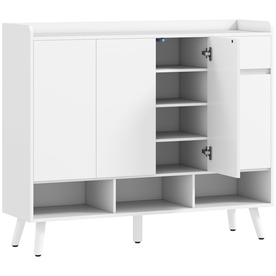 HOMCOM Schuhschrank mit 4 Tür, Druck zum Öffnen-Design Schuhregal Schuhkommode mit 4 Verstellbaren Ablagen, Schublade Schuhaufbewahrung mit Holzbeine 120 x 35 x 100 cm, Weiß   Aosom von HOMCOM