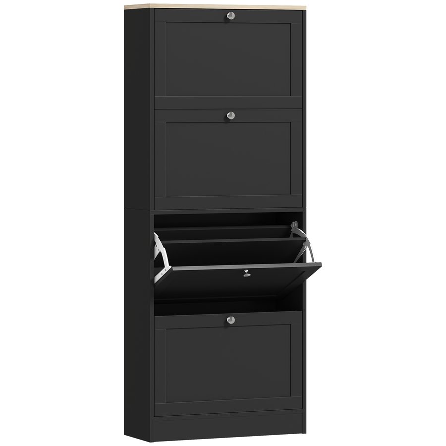 HOMCOM Schuhschrank für 24 Paar, schmaler moderner Schuhschrank mit 4 Klappschubladen und verstellbaren Einlegeböden, für Flur und Eingang, 60 x 23,5 x 151 cm, schwarz   Aosom von HOMCOM