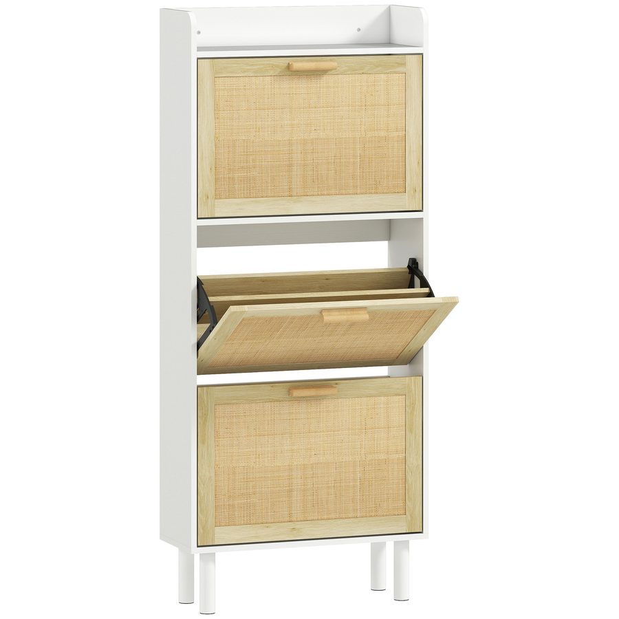 HOMCOM Schuhschrank Schuhregal 3 Klapptüren 18 Paar, geflochtene Harzoptik Boho-Design - Maße 65L x 24,5l x 153H cm natur   Aosom von HOMCOM