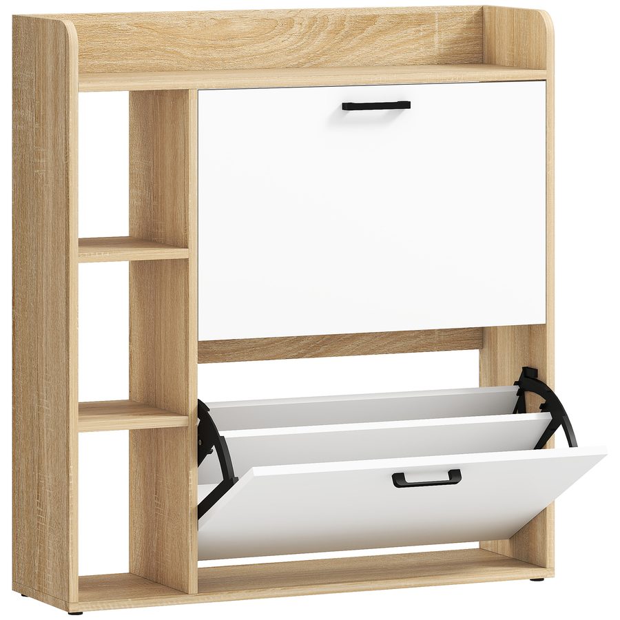 HOMCOM Schuhschrank 15 Paar, moderner Schuhschrank mit 2 klappbaren Fächern, verstellbaren Einlegeböden, 3 seitlichen Fächern, für Flur und Eingangsbereich, 83 x 24 x 90,5 cm, Naturholzoptik   Aosom von HOMCOM