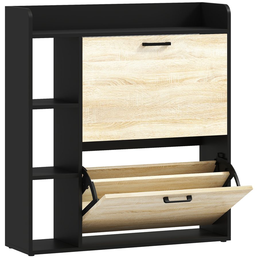 HOMCOM Schmaler Schuhschrank 2 Türen, Schuhschrank für Flur mit 3 seitlichen Regalen und verstellbaren Einlegeböden, für 15 Paar Schuhe, für Flur, kleiner Raum, 83x24x90,5 cm, Natur und Schwarz   Aosom von HOMCOM