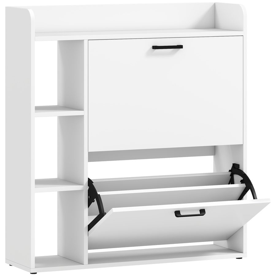 HOMCOM Slim-Schuhschrank mit 2 Klappklappen, Schuhschrank für den Eingangsbereich mit 3 offenen Fächern, verstellbare Einlegeböden, obere Ablage, Platz für 15 Paar, Holz mit Griff, 83x24x90,5 cm, Weiß   Aosom von HOMCOM