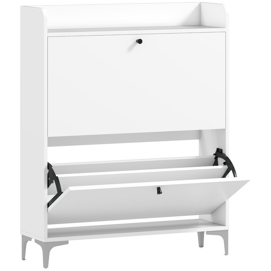 HOMCOM Slim-Schuhschrank mit 2 Klapptüren, Eingangs-Schuhregal mit verstell- und herausnehmbaren Einlegeböden, Oberplatte aus Holz, Schuhschrank für 16 Paar mit Griff, 80x24x101 cm, Weiß   Aosom von HOMCOM
