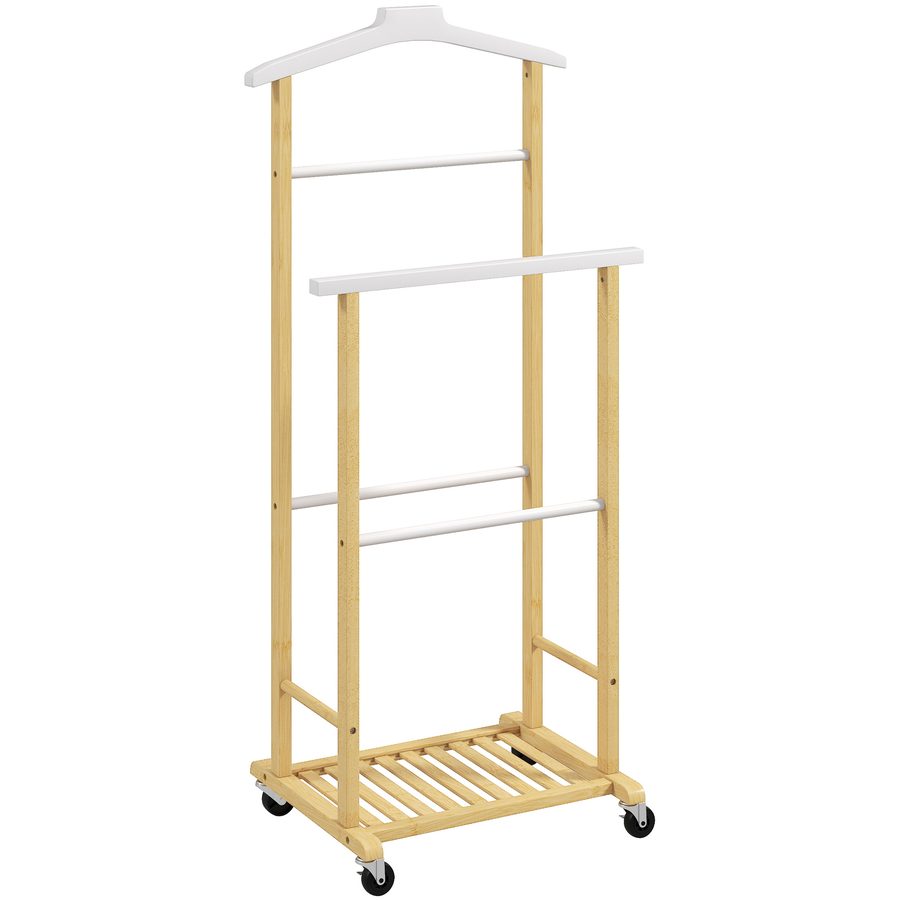 HOMCOM Bambus-Ankleidebock auf Rollen, Kleiderständer mit Hosenstangen und unterem Schuhfach, nordischer Stil, für Schlafzimmer, 47x33,7x105,5 cm, Natur und Weiß   Aosom von HOMCOM