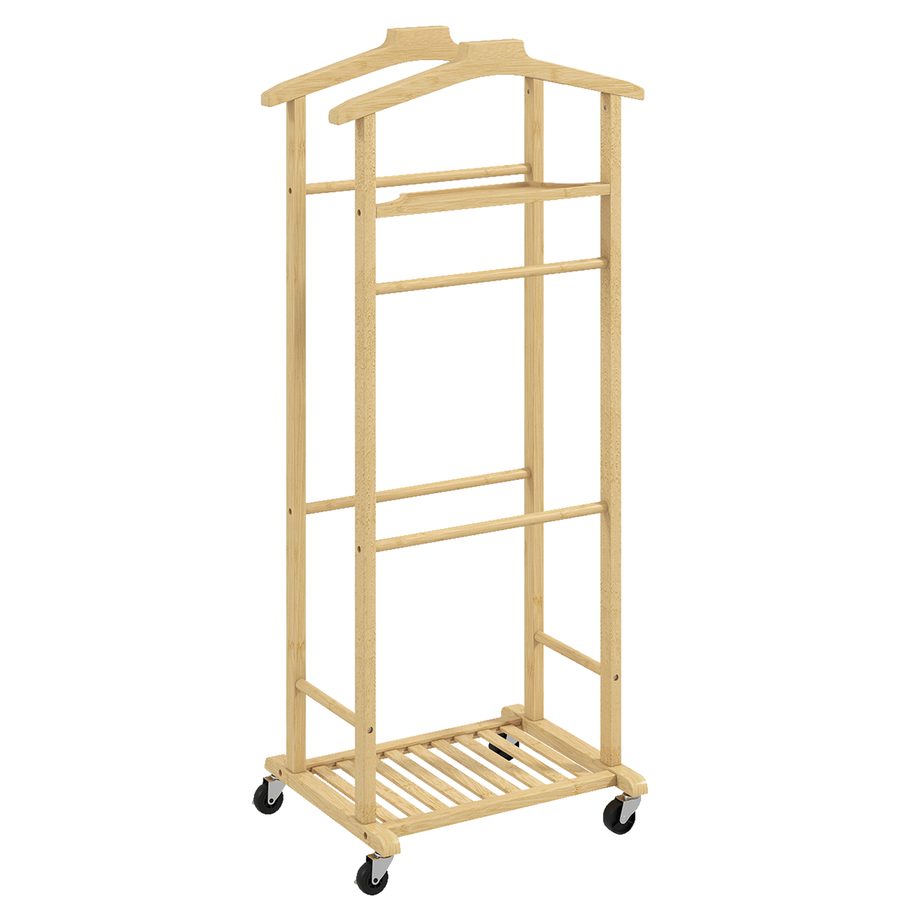 HOMCOM Kleiderständer mit Rollen, Garderobenständer mit Doppelstangen aus Bambus, Schuhablage, Ablagetablett Garderobe mit Hosenhalter für Schlafzimmer, Ausstellungen, Waschküche, Natur   Aosom von HOMCOM