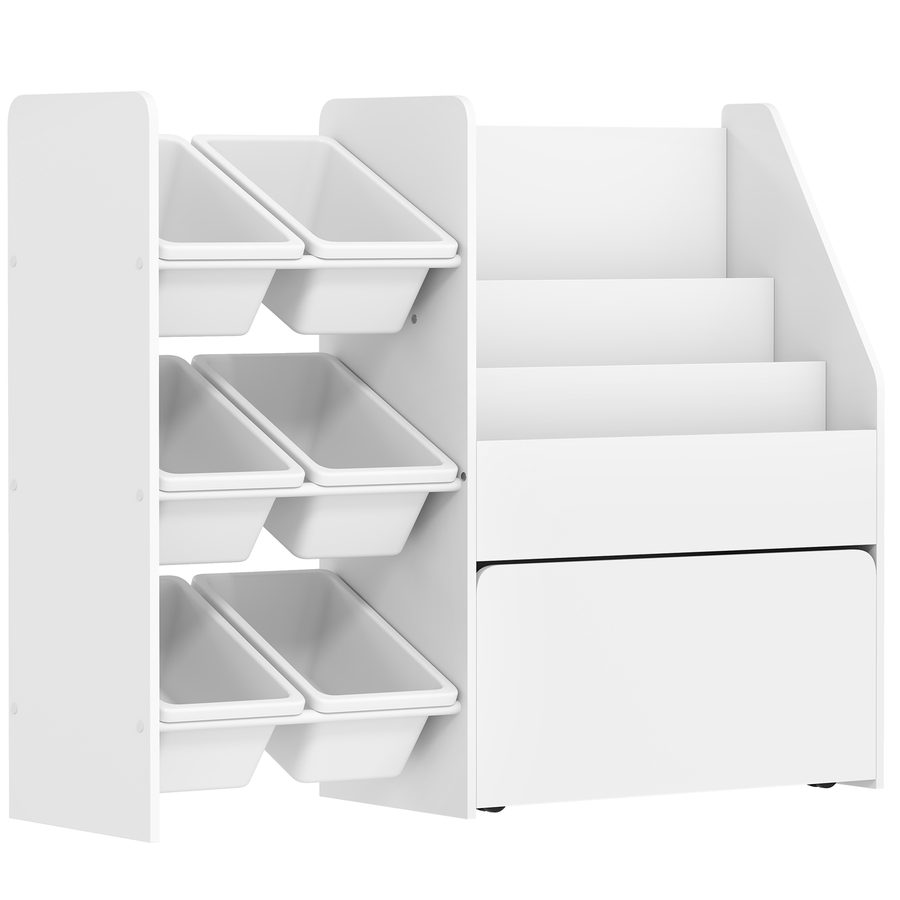 AIYAPLAY Kinderregal, Kinder-Bücherregal mit 6 herausnehmbaren Aufbewahrungsboxen, Bücherablagen, rollbarer Box, Spielzeugregal mit Rädern für Kinderzimmer, Spielzimmer, 100x30x80 cm, Weiß   Aosom