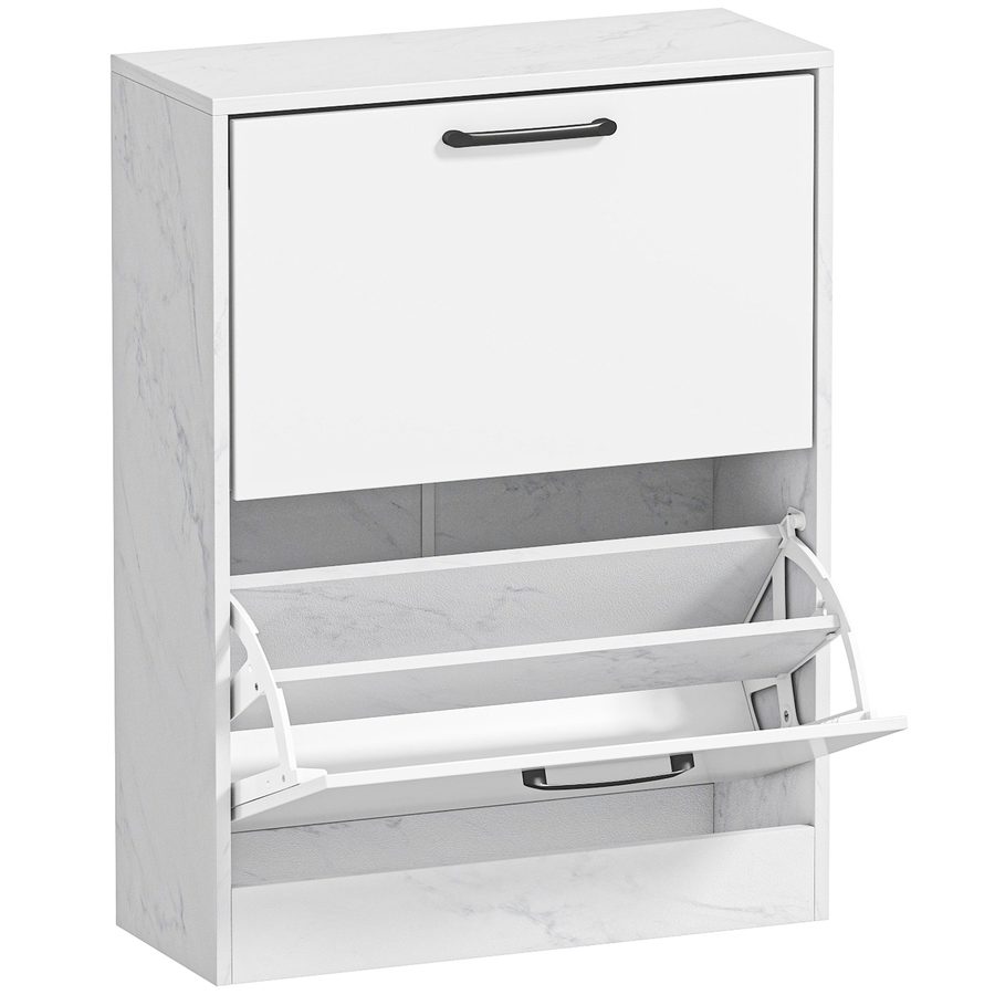 HOMCOM Schmaler Schuhschrank 2 Klapptüren Hochglanz, Schuhschrank Eingangsbereich, Verstellbare Einlegeböden, Marmor-Design, für 8 Paar Schuhe, für Flur, Kleine Räume, 60x24x80 cm, Weiß   Aosom von HOMCOM