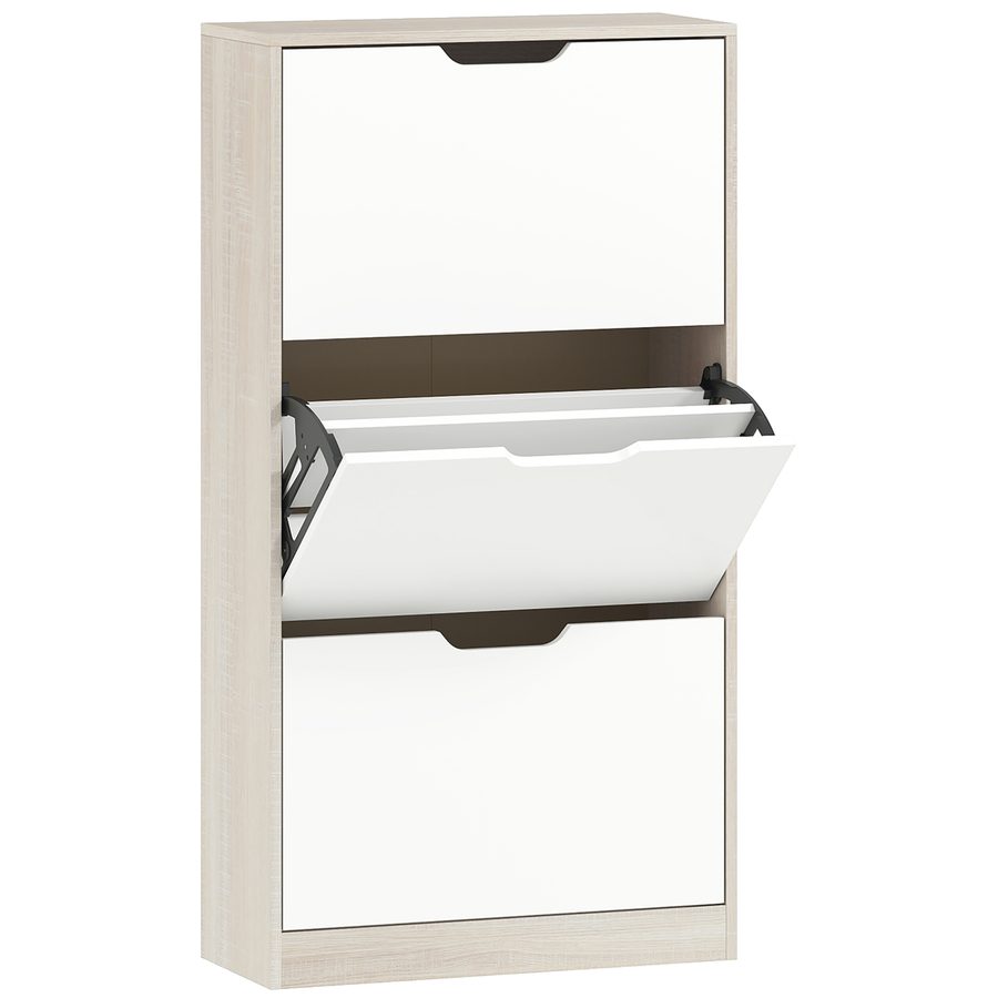 HOMCOM Schmaler Schuhschrank, 3 Klapptüren, Schuhschrank für Eingangsbereich, Platz für 18 Paar Schuhe, für Flur, geringe Stellfläche, 62,5x26x117,5 cm, Eiche und Weiß   Aosom von HOMCOM