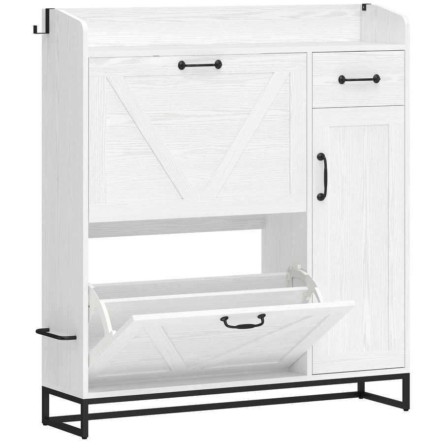 HOMCOM Schmaler Schuhschrank mit 2 Klappschubladen, Schuhschrank für Diele/Flur Rustikal mit Schublade und verstellbaren Einlegeböden, für 12 Paar Schuhe, für Flur, wenig Platz, 106,7x26x116 cm, Weiß   Aosom von HOMCOM