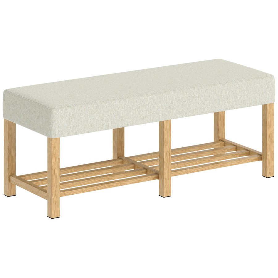 HOMCOM Schuhbank, Aufbewahrungsbank mit gepolstertem Sitz, Flurmöbel mit offenem Regal, Hevea-Holzrahmen, für Flur, Wohnzimmer, Schlafzimmer, Traglast 220 kg, 120x44x48cm, Naturholz   Aosom von HOMCOM