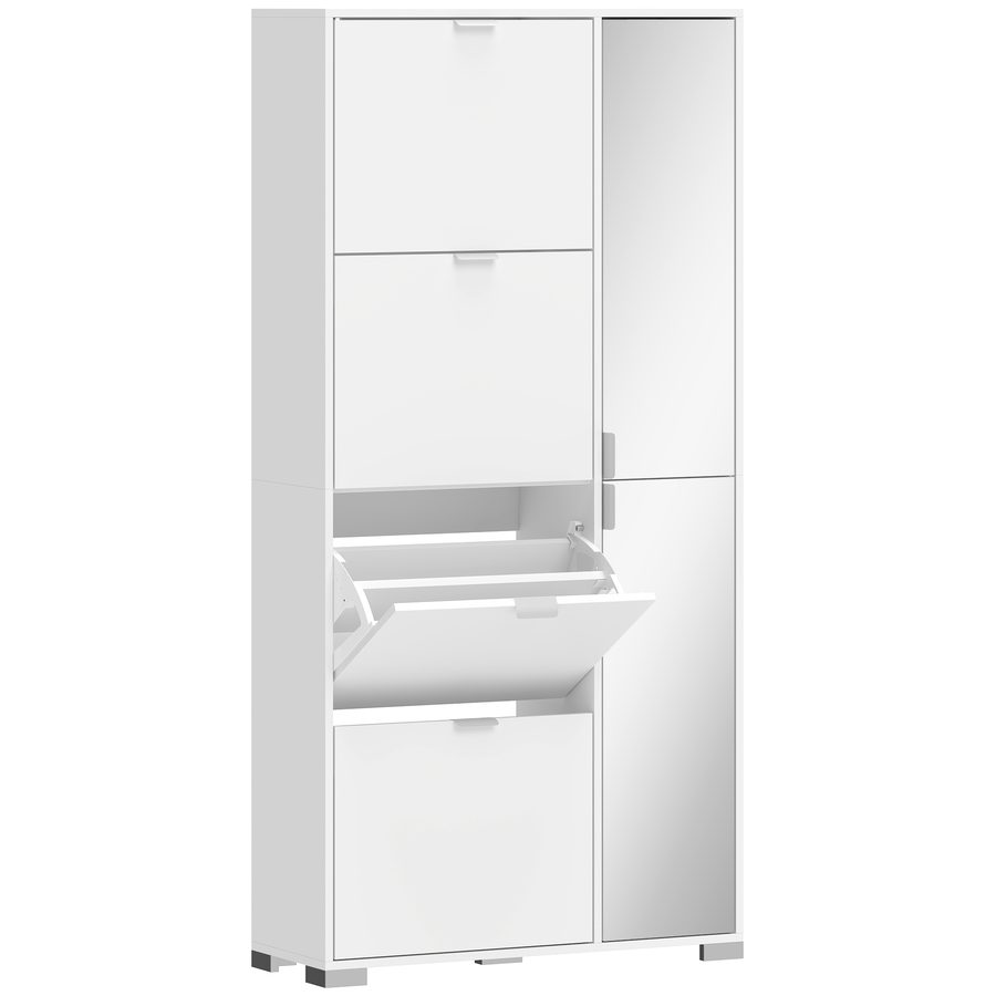 HOMCOM Schuhschrank für 16 Paar, schmaler Schuhschrank mit 4 kippbaren Fächern, 2 Spiegeltüren und verstellbaren Einlegeböden, moderner Stil, für Flur, Eingang, 82 x 30 x 168 cm, weiß   Aosom von HOMCOM