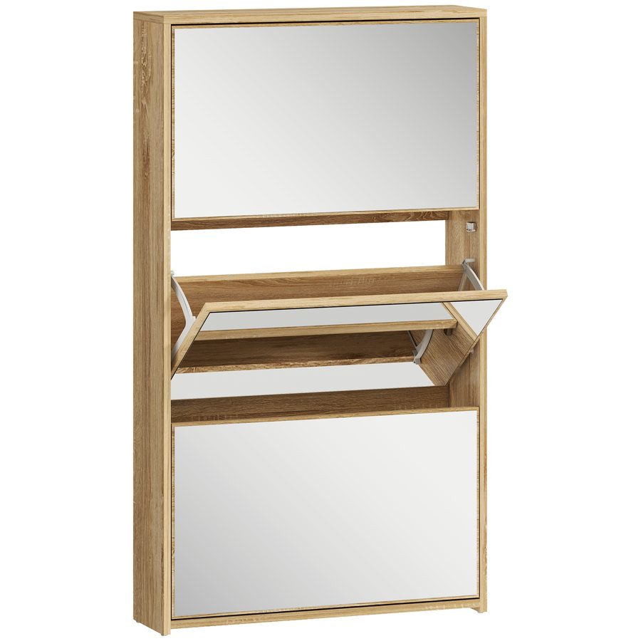 HOMCOM Schmaler Schuhschrank 3 Türen mit Spiegel, Schuhschrank für Diele/Flur, für 9 Paar Schuhe, für enge Räume, 65x17x114,5 cm, Natur   Aosom von HOMCOM