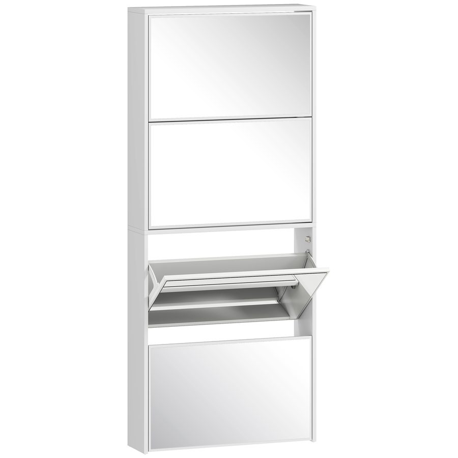HOMCOM Schmaler Schuhschrank mit Spiegel, 4 Klapptüren, Schuhschrank für Eingangsbereich für 12 Paar Schuhe, für Flur, kleine Räume, 63x17x146 cm, Weiß   Aosom von HOMCOM