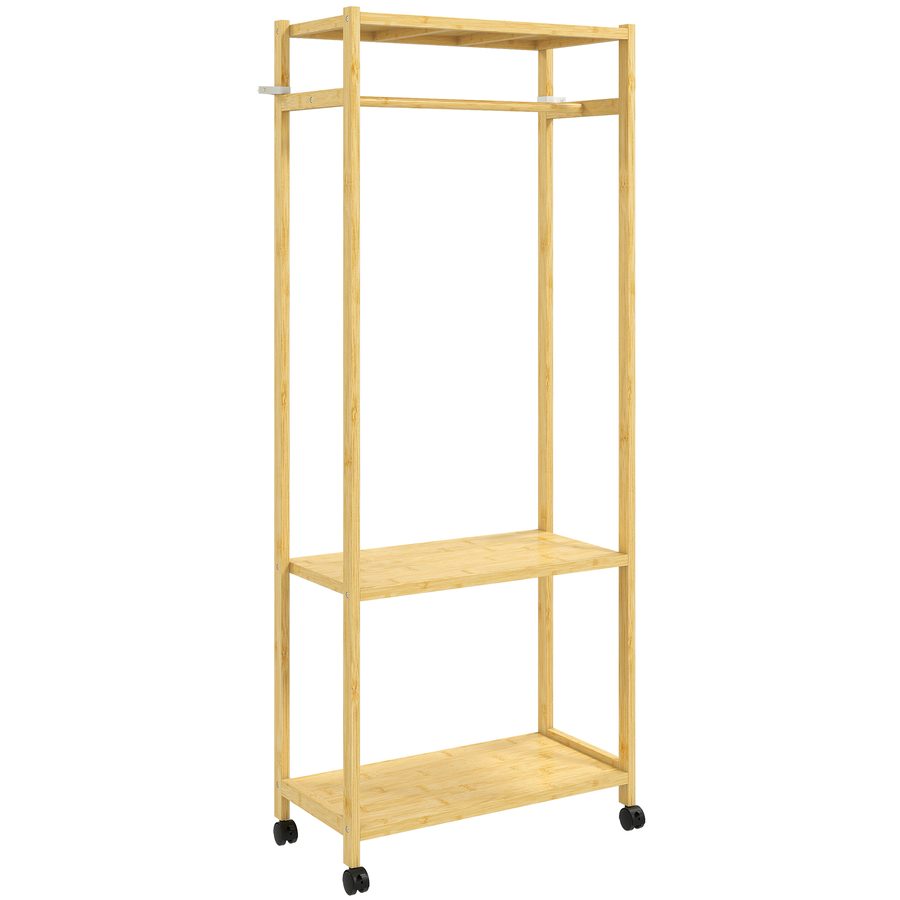 HOMCOM freistehender Garderobenständer mit Stange und 4 Rollen, platzsparender Kleiderständer mit Bambusablagen, für Wohnzimmer, Schlafzimmer, 70x35x175 cm, Naturholz   Aosom von HOMCOM