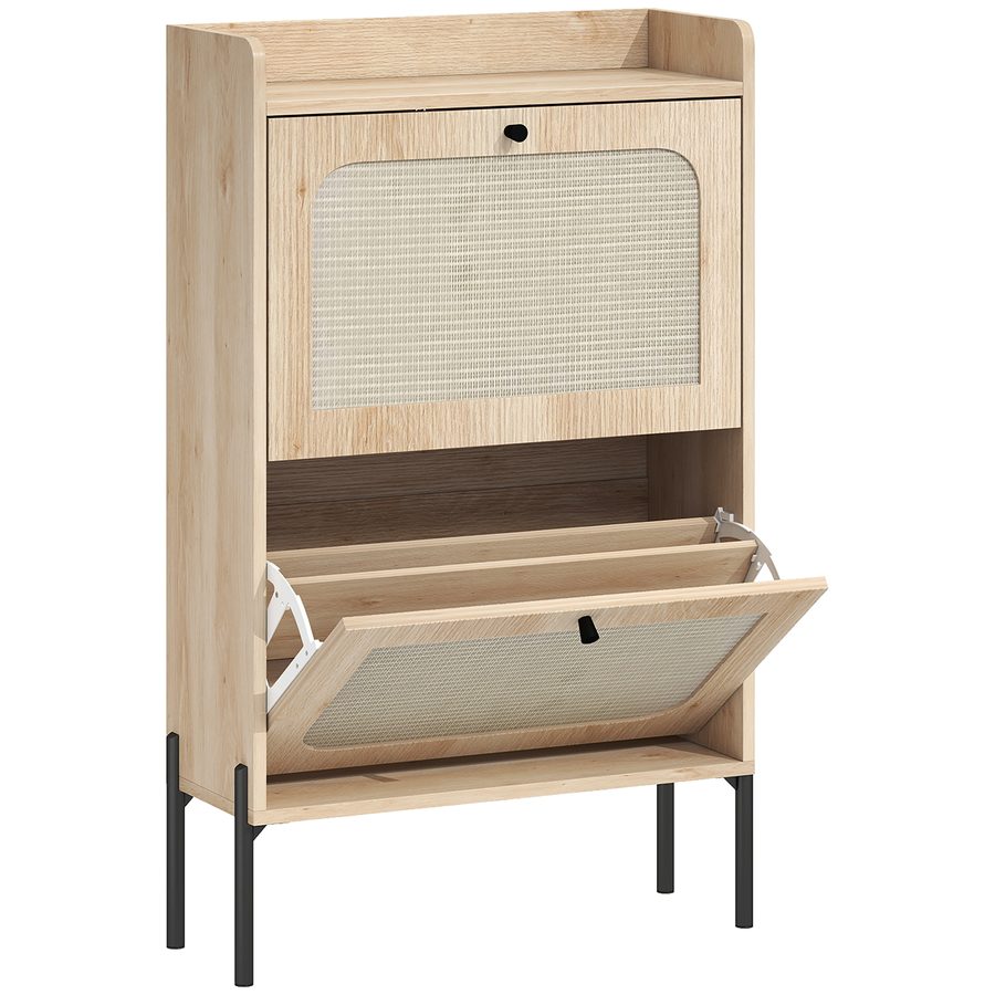 HOMCOM Schuhschrank für 12 Paar, schmaler Schuhschrank mit 2 klappbaren Schubladen, Rattanfronten und verstellbaren Einlegeböden, Boho-Stil, für Flur und Eingangsbereich, 60x23,7x99,5cm, Eiche   Aosom von HOMCOM
