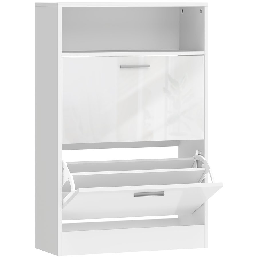 HOMCOM Schuhschrank für 8 Paar, schmaler Schuhschrank 2 Klapptüren Hochglanz, verstellbare Ablagen und offenes Fach, für Flur und Eingangsbereich, 59 x 24 x 90 cm, weiß   Aosom von HOMCOM