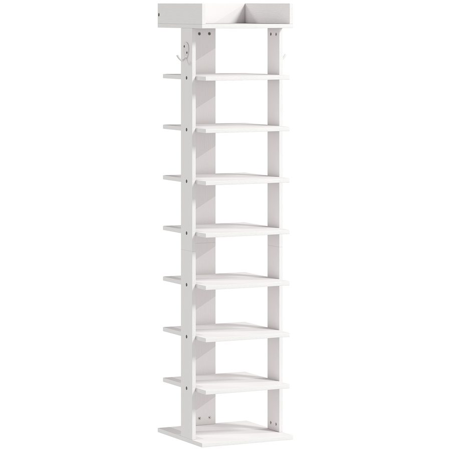 HOMCOM Schuhregal, Schuhständer mit 9 Ebenen, Schuhablage mit Ablage und 2 Haken für bis zu 9 Paar Schuhe, Schuhaufbewahrung für Eingangsbereich, kleine Räume, 30 x 30 x 128,4 cm, Weiß   Aosom von HOMCOM