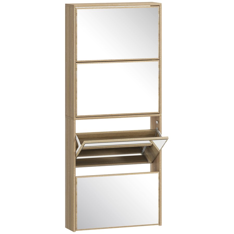 HOMCOM Platzsparender Slim-Schuhschrank mit 4 Kippklappen und Spiegel, Schuhschrank für Eingangsbereich mit Ablage, Platz für 12 Paar, Holz mit Griff, 63x17x146 cm, Farbe Holz   Aosom von HOMCOM
