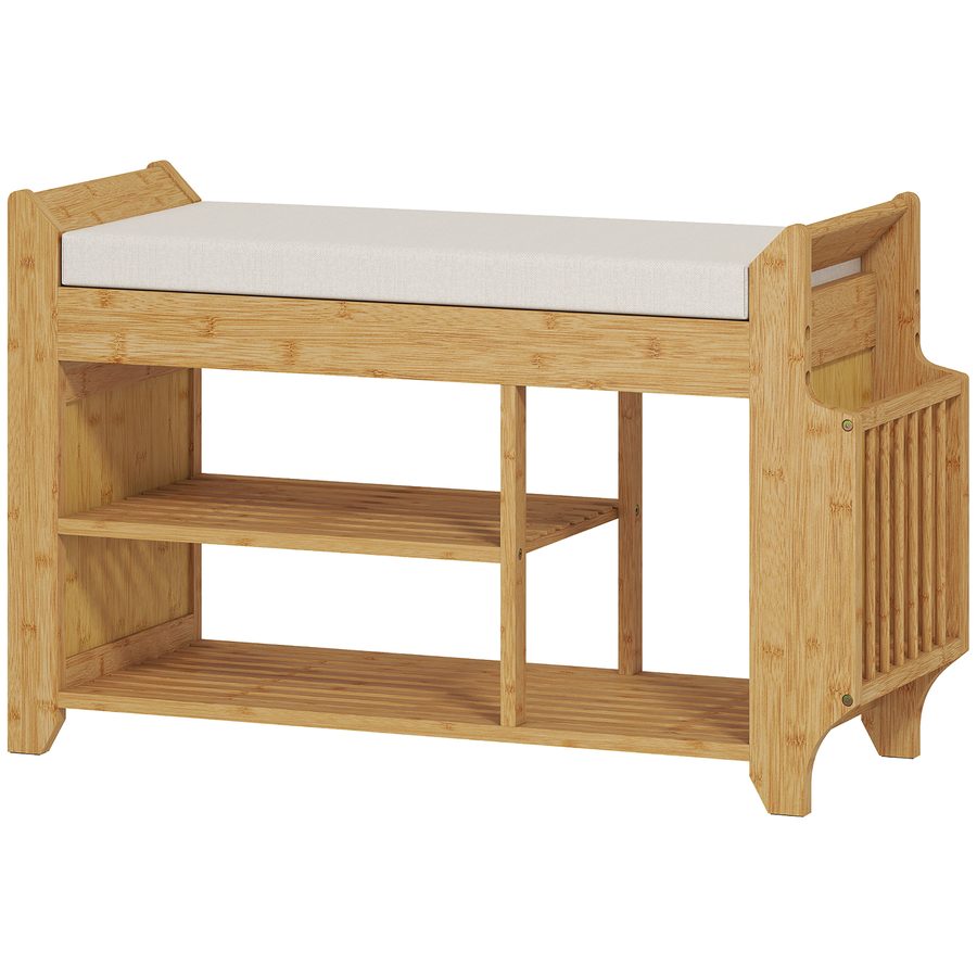 HOMCOM Schuhbank, Garderobenbank mit gepolstertem Sitz, seitliche Aufbewahrung, Stiefelablage, Bambusrahmen, für Eingang, Flur, Wohnzimmer, 80x30x50 cm, Natural y Beige   Aosom von HOMCOM
