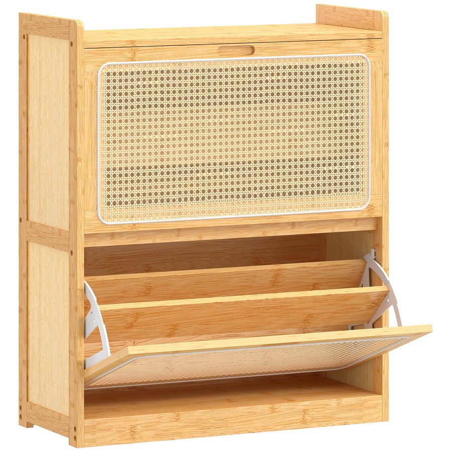 HOMCOM Schmaler Schuhschrank aus Bambus mit 2 kippbaren Rattan-Schubladen, Boho-Schuhmöbel mit verstellbaren Einlegeböden, für 12-14 Paar Schuhe, für Flur und Eingangsbereich, 69x29x83 cm, Natur   Aosom von HOMCOM