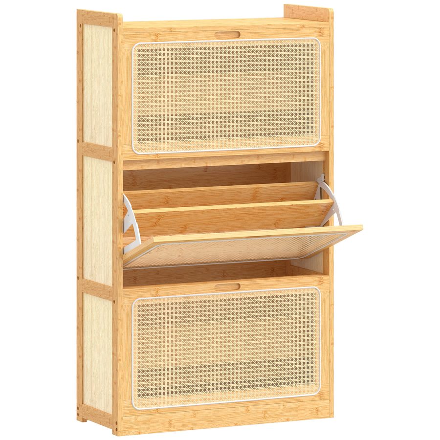 HOMCOM Schmaler Bambus-Schuhschrank mit 3 Klappfächern aus Rattan, Boho-Schuhmöbel mit verstellbaren Einlegeböden, für 18-21 Paar Schuhe, für Flure, Eingangsbereiche, 69x29x119,8 cm, Natur   Aosom von HOMCOM