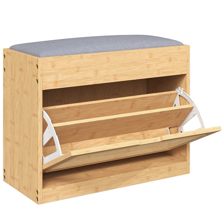 HOMCOM Schuhbank, Flurbank mit gepolsterter Sitzfläche, klappbares Fach, Rattan-Tür, verstellbares Fach, für Eingang, Flur, Wohnzimmer, 63x29x48 cm, Natur und Grau   Aosom von HOMCOM