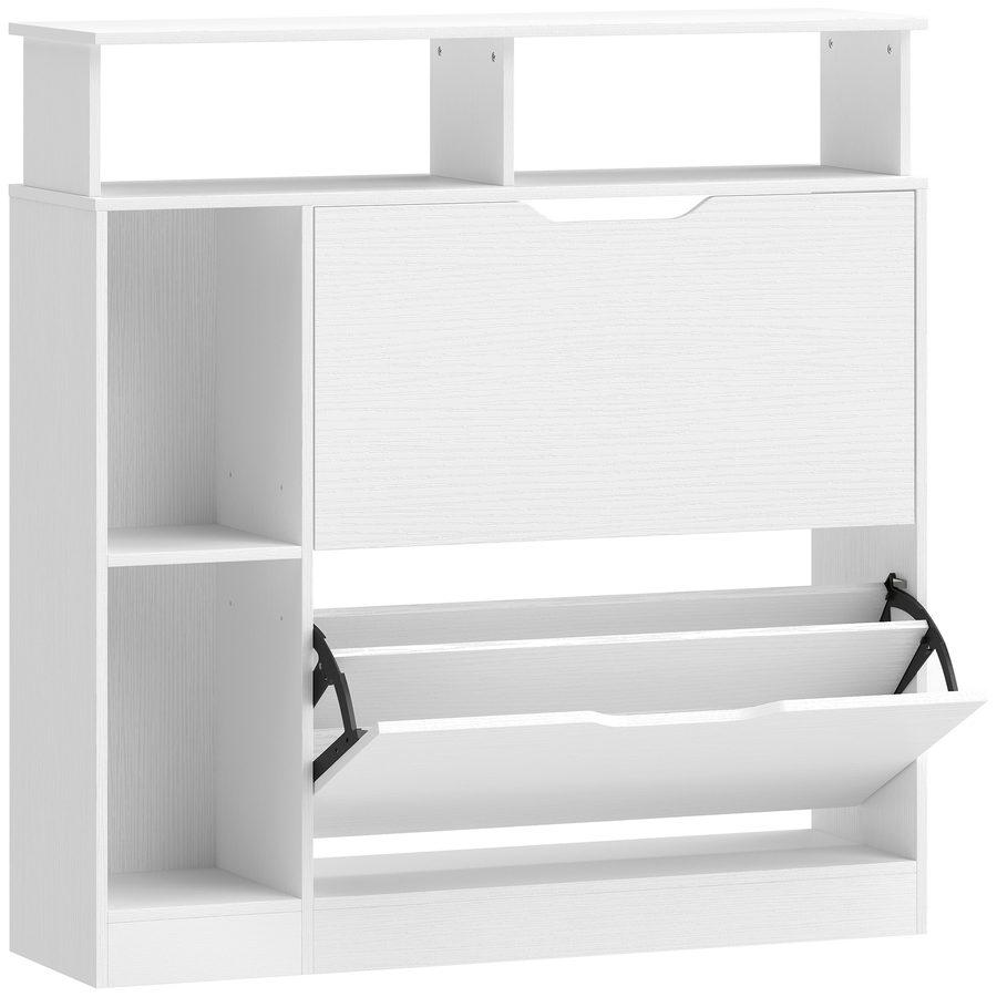 HOMCOM Schuhschrank mit 2 Klappen Schmal Schuhkipper mit Verstellbar Trennwand, offenem Fach Schuhregal für 12 Paar Schuhe Schuhaufbewahrung Schuhkommode für Flur, Eingang 89 x 25 x 92 cm Weiß   Aosom von HOMCOM
