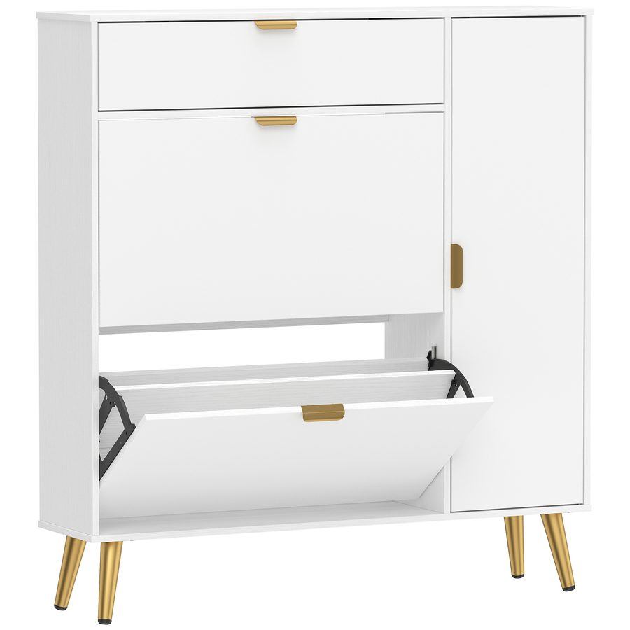 HOMCOM Schuhschrank für 12 Paar, schmaler Schuhschrank, 2 kippbare Schubladen, 4 Fächer, verstellbare Einlegeböden, Front Lederoptik, für Flur und Eingang, 99,4x23,8x106,6cm, weiß   Aosom von HOMCOM