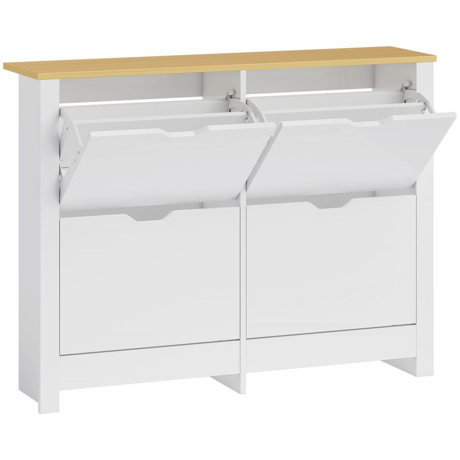 HOMCOM Schuhschrank mit 4 Klappen, Schmal Schuhregal, Schuhkipper Schuhkommode für 16 Paar Schuhe 105 x 26 x 80 cm, Weiß+Natur   Aosom von HOMCOM