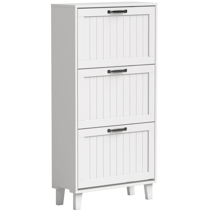 HOMCOM Platzsparender Slim-Schuhschrank mit 3 Klappfächern, Schuhschrank für Flur mit verstellbaren Einlegeböden, Bambusfüßen, Griff, für 15-18 Paar, 60x24x118 cm, Weiß   Aosom von HOMCOM