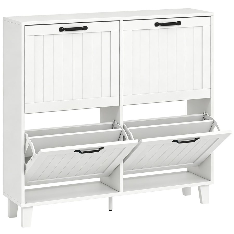 HOMCOM Schlanker platzsparender Schuhschrank mit 4 kippbaren Türen, Flurschrank mit verstellbaren Einlegeböden, Bambusbeine, Griff, Schuhregal für 16-20 Paar für Eingang Flur, 99.5x24x93.3cm, Weiß   Aosom von HOMCOM