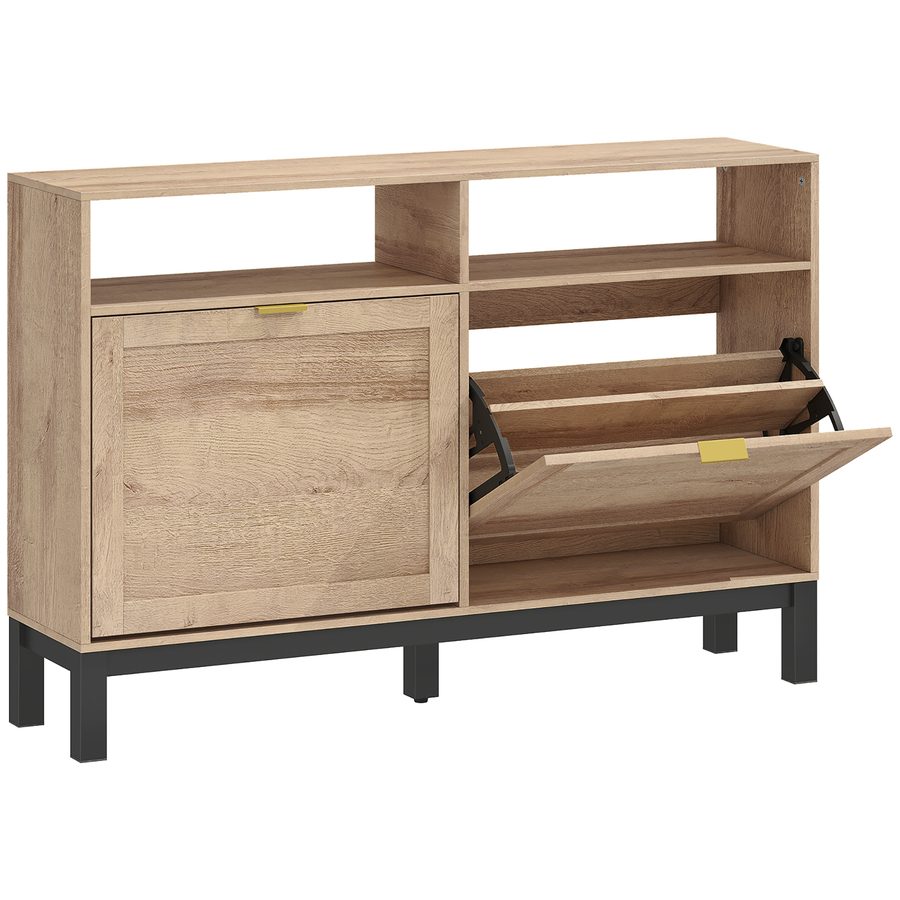 HOMCOM Platzsparender Slim-Schuhschrank mit 2 Klappen, Schuhschrank für 8 Paar mit abnehmbaren verstellbaren Fächern, offene Regale, erhöhter Sockel, Holz-Schuhschrank mit Griff, Nussbaumfarbe   Aosom von HOMCOM