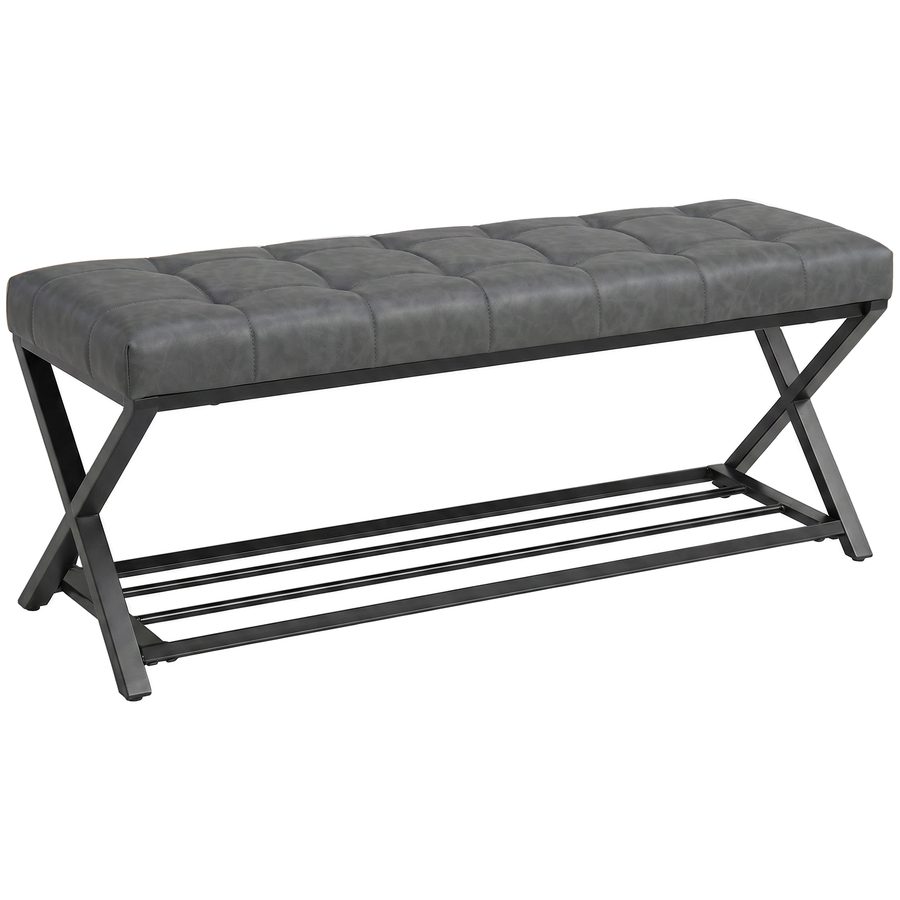 HOMCOM Schuhbank mit Sitzfläche, Gepolstertes Schuhregal mit Stauraum,  Industrielle Sitzbank mit Ablage, X-förmiger Stahlrahmen, Kunstleder, bis 220kg für Flur Eingangsbereich, 112x37x47cm Dunkelgrau   Aosom von HOMCOM