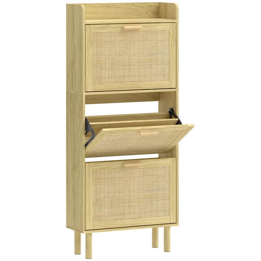 HOMCOM Schmaler Schuhschrank mit 3 Klappfächern, Schuhschrank für Flur mit offenem Fach, Holzbeine, für 12-18 Paar Schuhe, 65x24,5x153 cm, Eiche   Aosom von HOMCOM