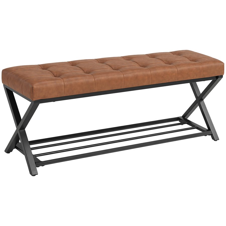 HOMCOM Schuhbank mit Sitzfläche, Gepolstertes Schuhregal mit Stauraum,  Industrielle Sitzbank mit Ablage, X-förmiger Stahlrahmen, Kunstleder, bis 220kg für Flur Eingangsbereich, 112x37x47cm Braun   Aosom von HOMCOM