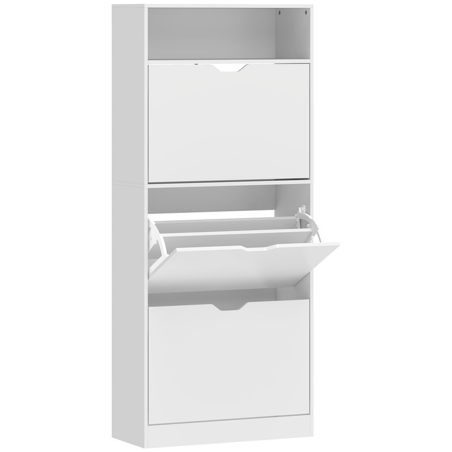 HOMCOM Schuhschrank mit 3 Klappen, Schmal Schuhkipper mit Ablage, Verstellbar Trennwand Schuhregal für 12-18 Paar Schuhe Schuhkommode für Flur, Eingang 60 x 26 x 140 cm, Weiß   Aosom von HOMCOM