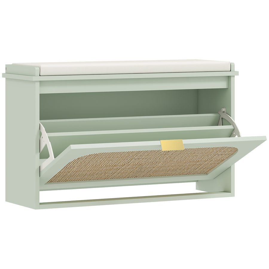 HOMCOM Schuhbank für Eingang, schmale Aufbewahrungsbank, gepolsterte Sitzfläche, Rattan-Tür, klappbares Schubfach und verstellbares Fach, Boho-Stil, für Flur und Eingangsbereich, 80 x 26 x 47,5 cm, grün   Aosom von HOMCOM
