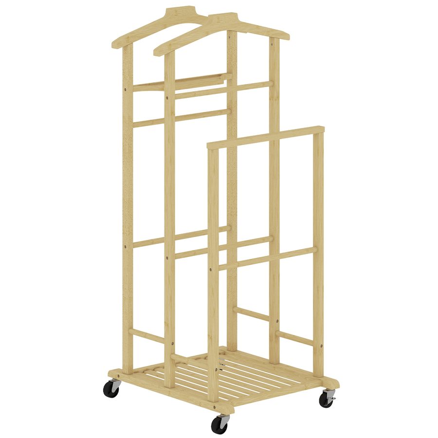 HOMCOM Kleiderständer mit Rollen, Garderobenständer mit Kleiderstangen aus Bambus, Schuhregal, Ablagetablett Garderobe mit Hosenhalter für Schlafzimmer, Ausstellungen, Waschküche, Eiche   Aosom von HOMCOM