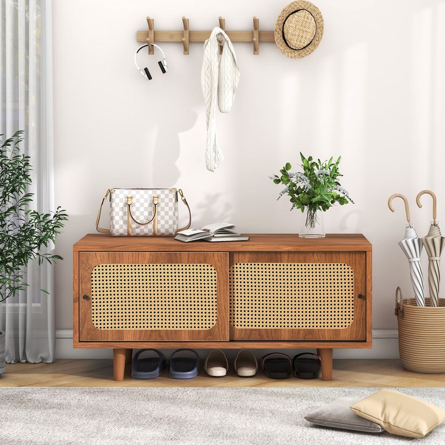 Schuhschrank, mit 2 Schiebetür, Eleganter Naturfarbiger hochwertiger stabiler geräumiger, 104x40x48 cm, Rattanflecht Design, Naturfarbe   Aosom.de
