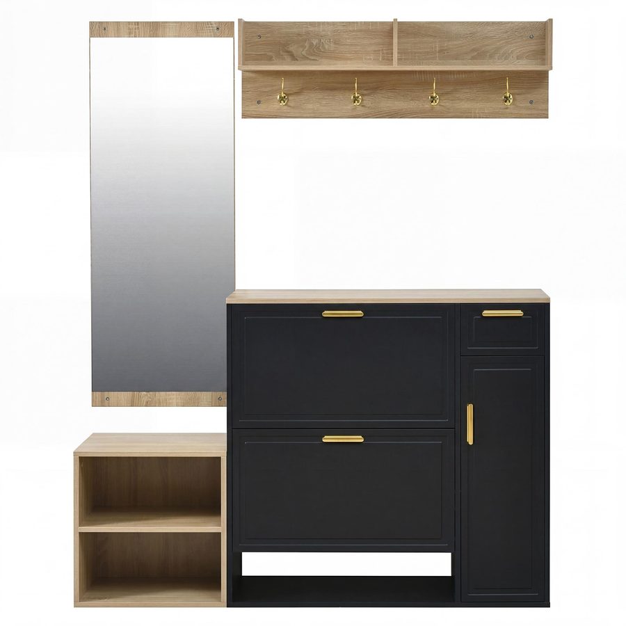 4-teiliges Garderoben-Set, komplettes Flurmöbel-Set mit Schuhschrank, Sitzbank, Wandgarderobe und Spiegel, 130x30x174 cm, Schwarz