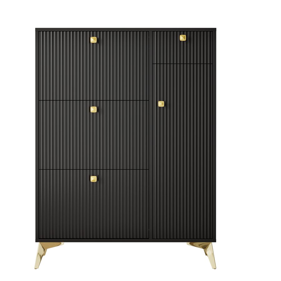 Schuhschrank mit 3 Klappen, platzsparender Schuhkipper mit moderner Wellenoptik, 90x25x121 cm, Schwarz