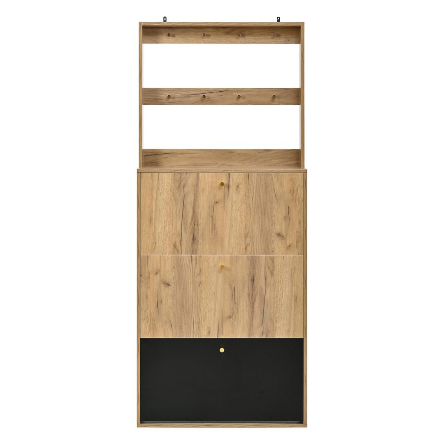 Moderner Schuhschrank mit Haken, höhenverstellbare Trennplatten, kippsichere Konstruktion, 75x24x180 cm, Naturfarbe